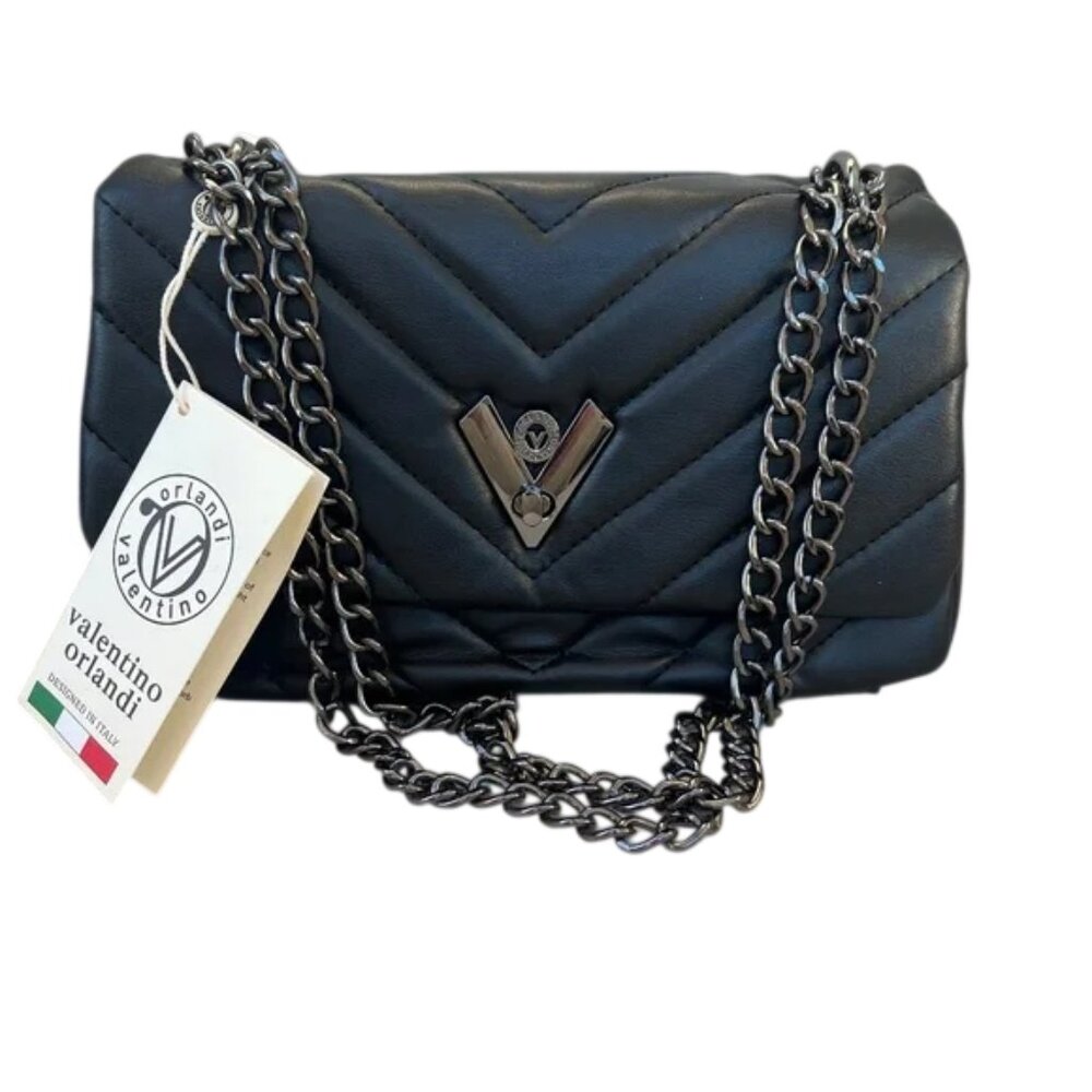 VALENTINO ORLANDI Black Quilted Handbag with Gun Metal Gray Chain Strap- New